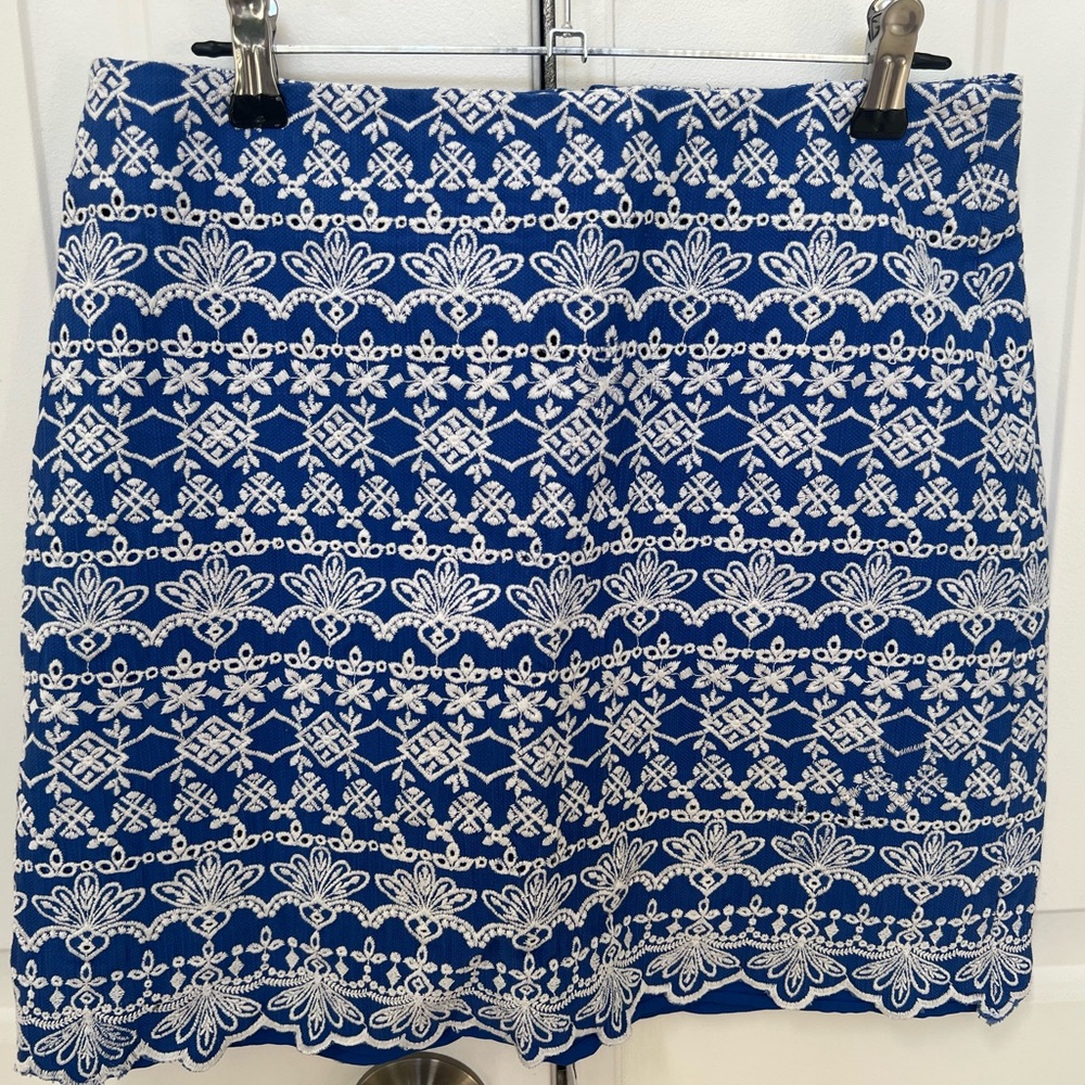 LOFT Royal Blue and White Embroidered Skirt